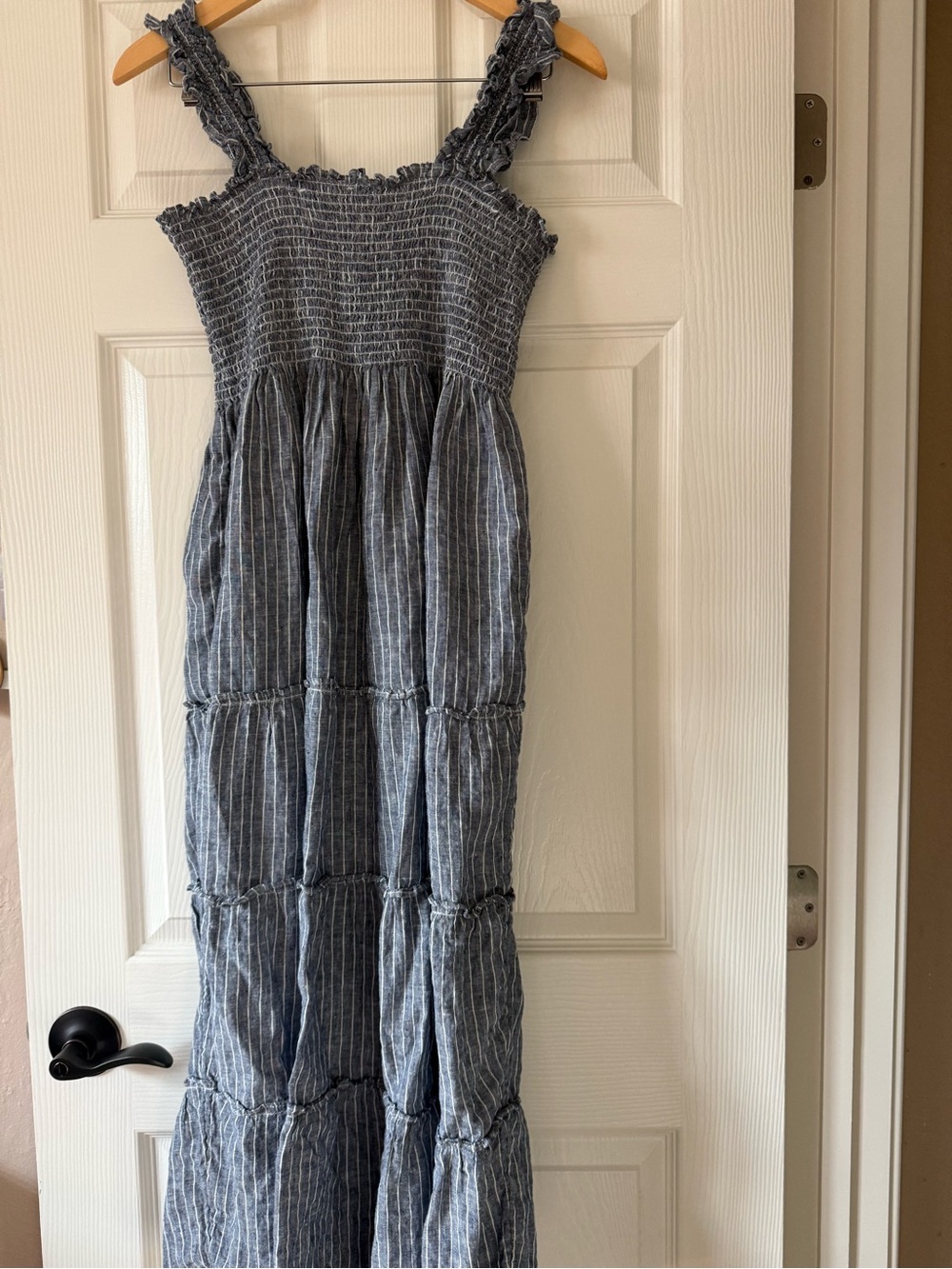 QUINCE Smocked Tiered Maxi Dress - Blue and white stripes. - Picture 3 of 4